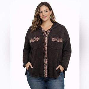 New In Black/Purple mineral washed waffle knit Button-Up Hoodie. NWT